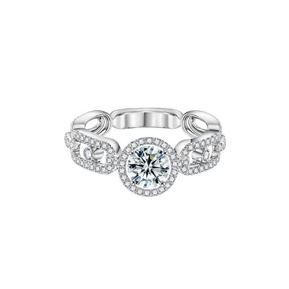 Bezel Round Moissanite Wedding Band with CZ in white gold-plated S925 sterling silver on clean white background
