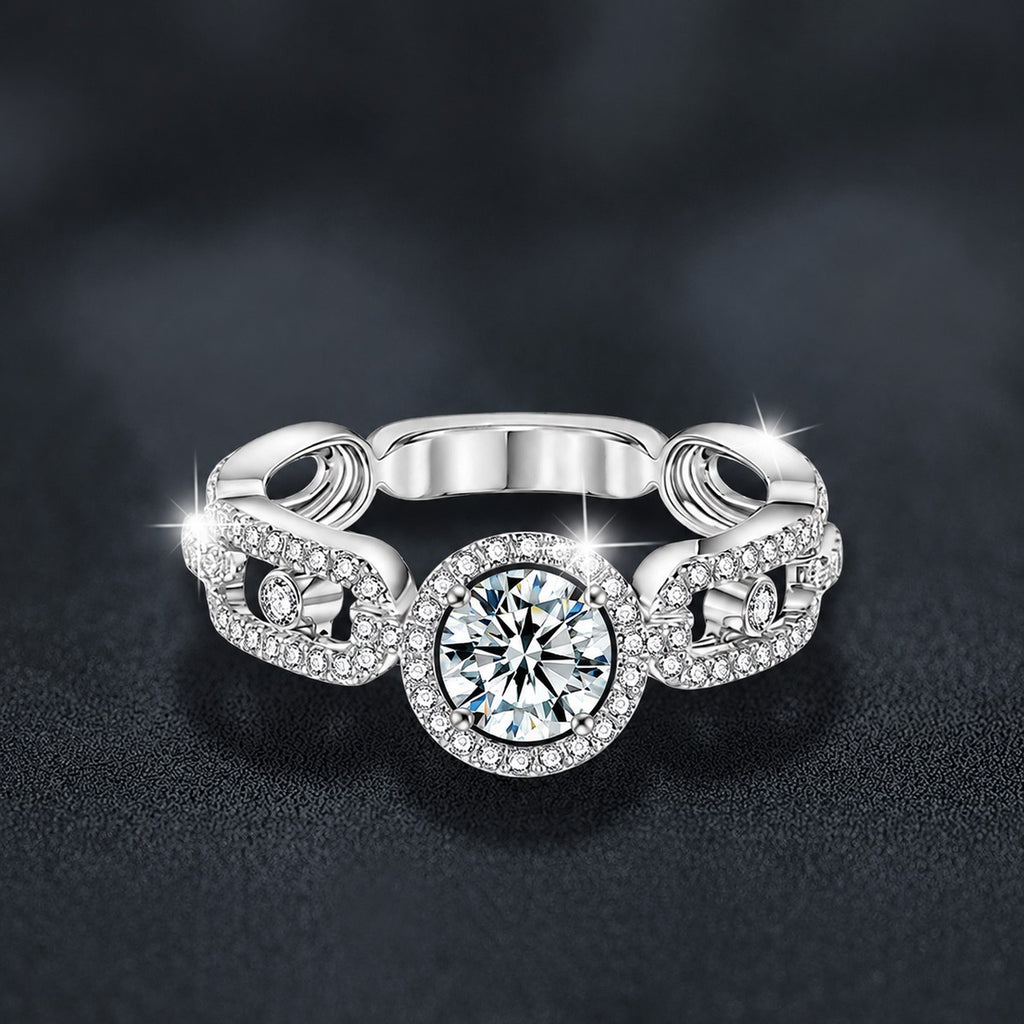 Bezel Round Moissanite Wedding Band with CZ close-up detail view with moissanite sparkle