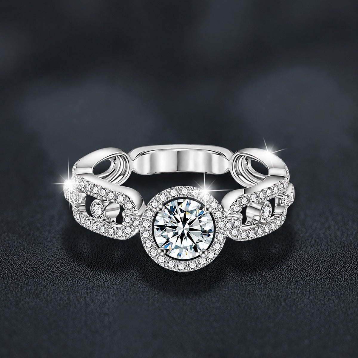 Bezel Round Moissanite Wedding Band with CZ close-up detail view with moissanite sparkle