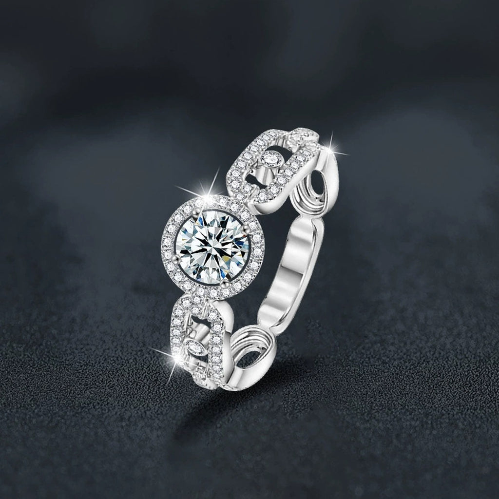 Bezel Round Moissanite Wedding Band with CZ close-up detail view with moissanite sparkle