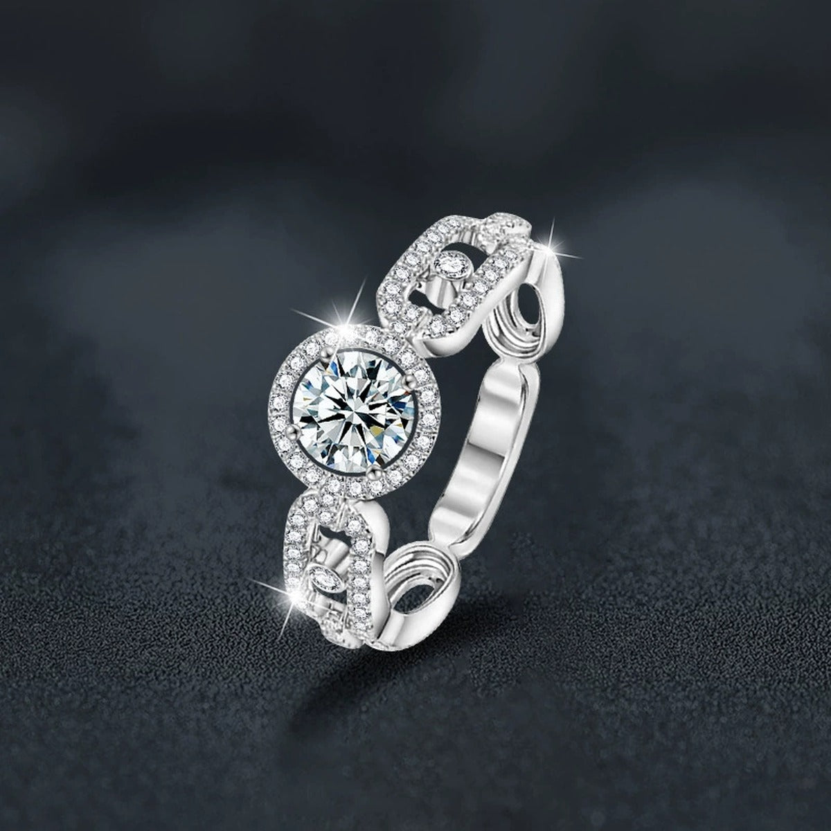 Bezel Round Moissanite Wedding Band with CZ close-up detail view with moissanite sparkle