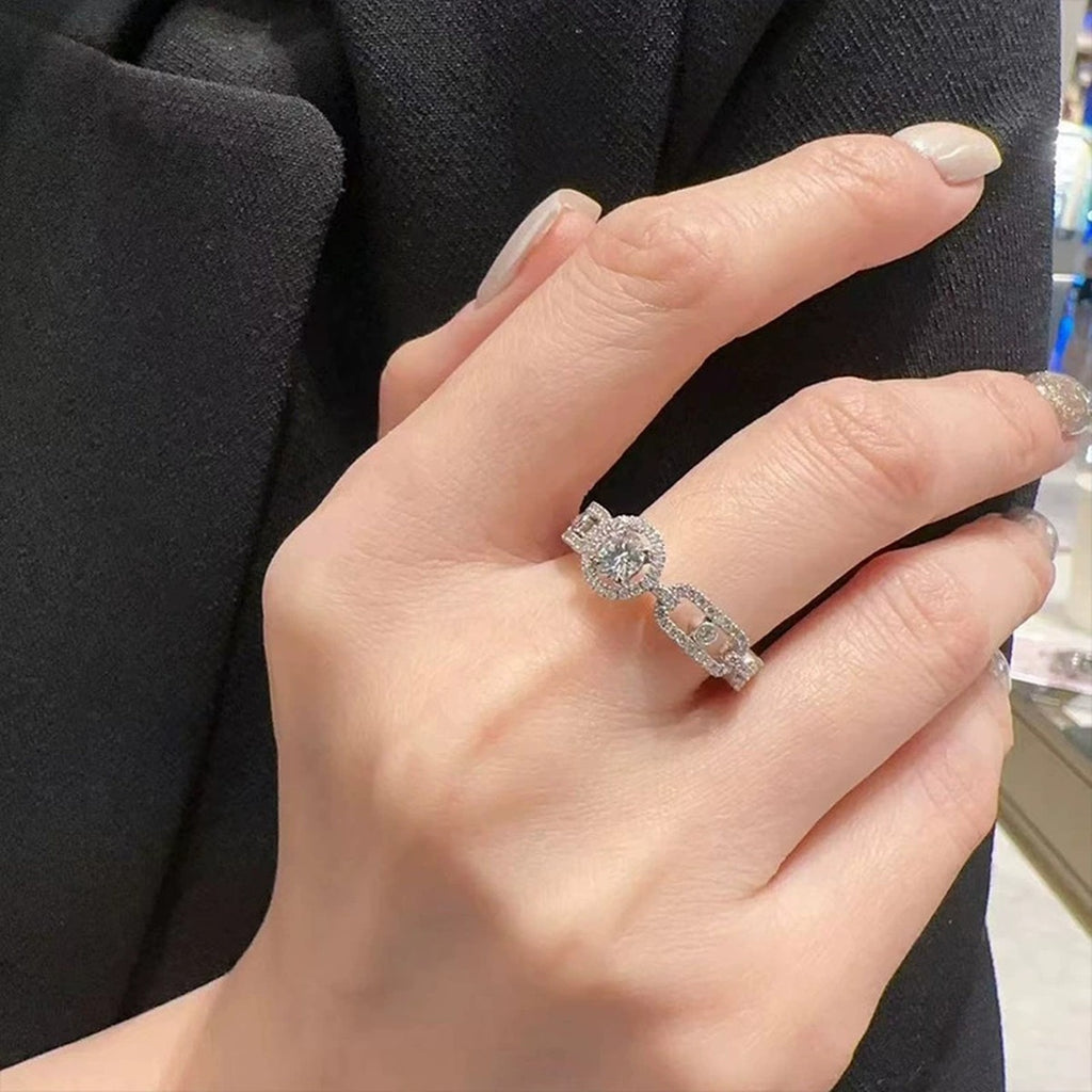 Bezel Round Moissanite Wedding Band with CZ worn on hand to show scale, band width, and ring profile