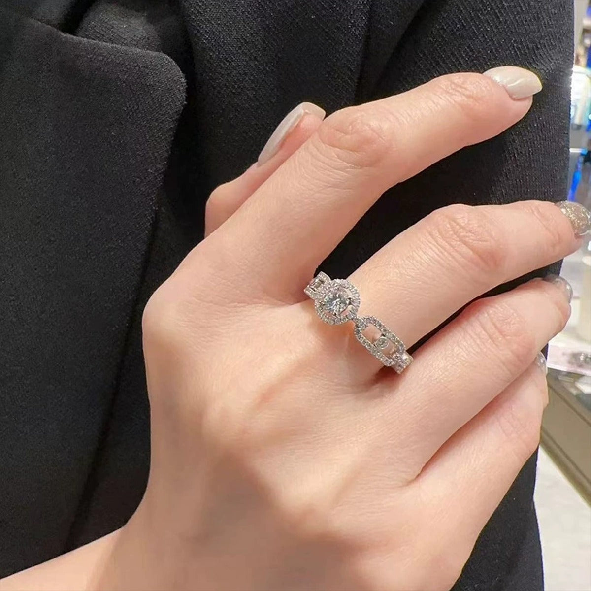 Bezel Round Moissanite Wedding Band with CZ worn on hand to show scale, band width, and ring profile
