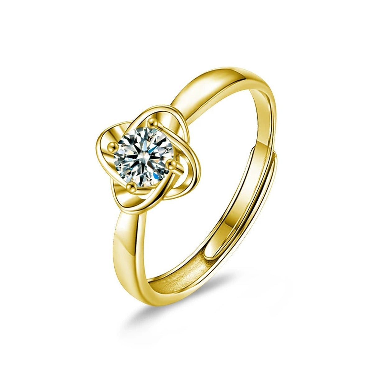 Four-Leaf Clover Round Moissanite Adjustable Fashion Ring in gold-plated S925 sterling silver on clean white background