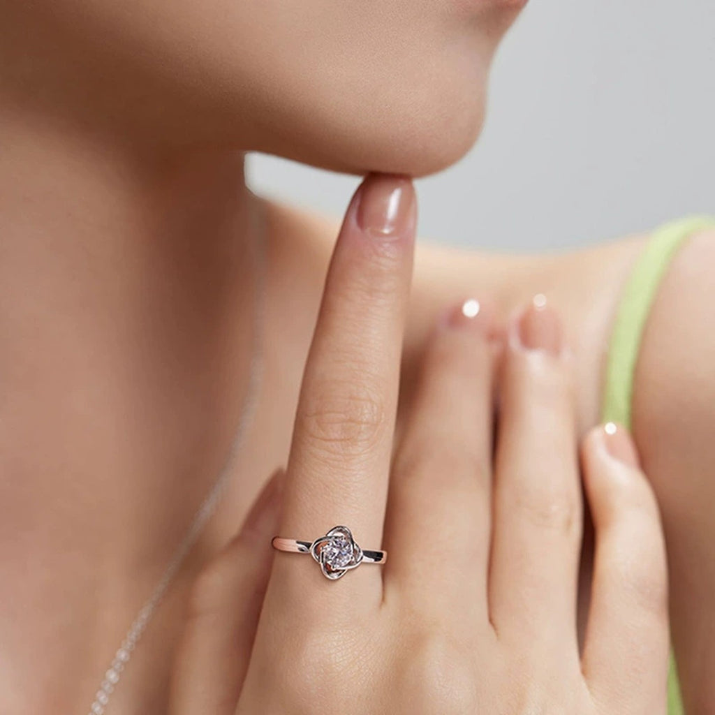 Four-Leaf Clover Round Moissanite Adjustable Fashion Ring worn on hand to show scale, band width, and ring profile