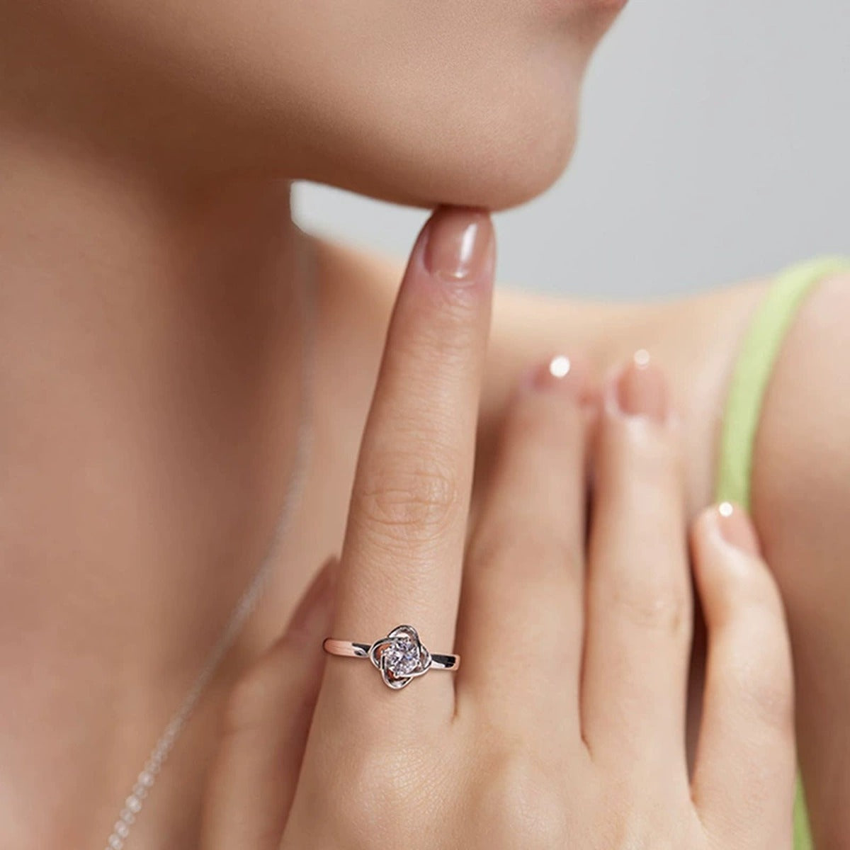 Four-Leaf Clover Round Moissanite Adjustable Fashion Ring worn on hand to show scale, band width, and ring profile
