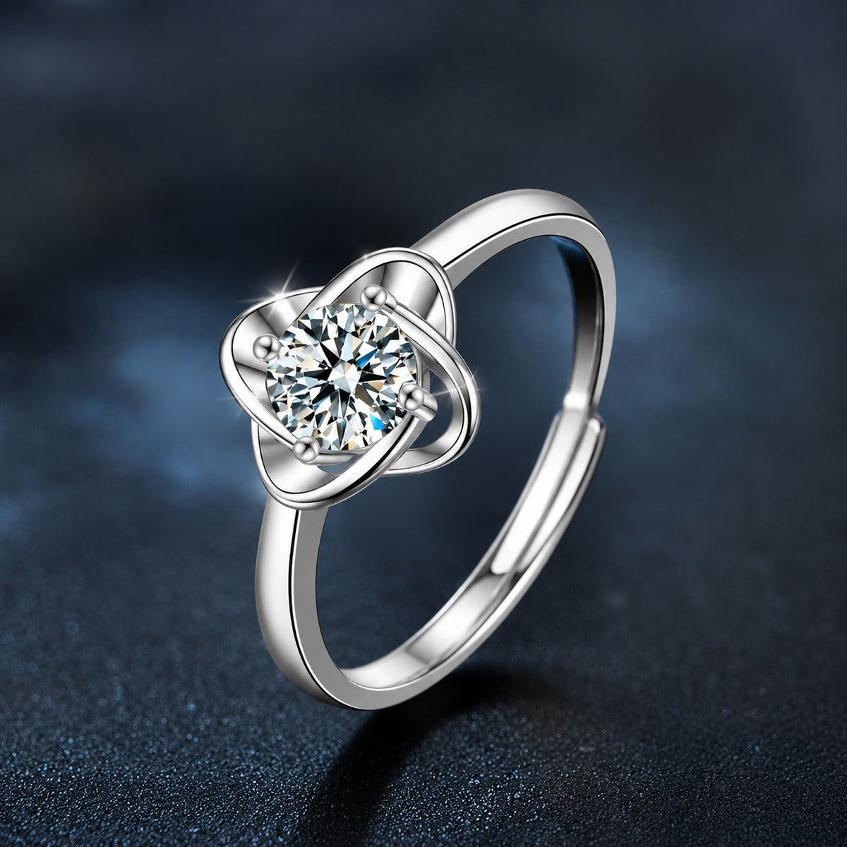 Four-Leaf Clover Round Moissanite Adjustable Fashion Ring close-up detail view with moissanite sparkle