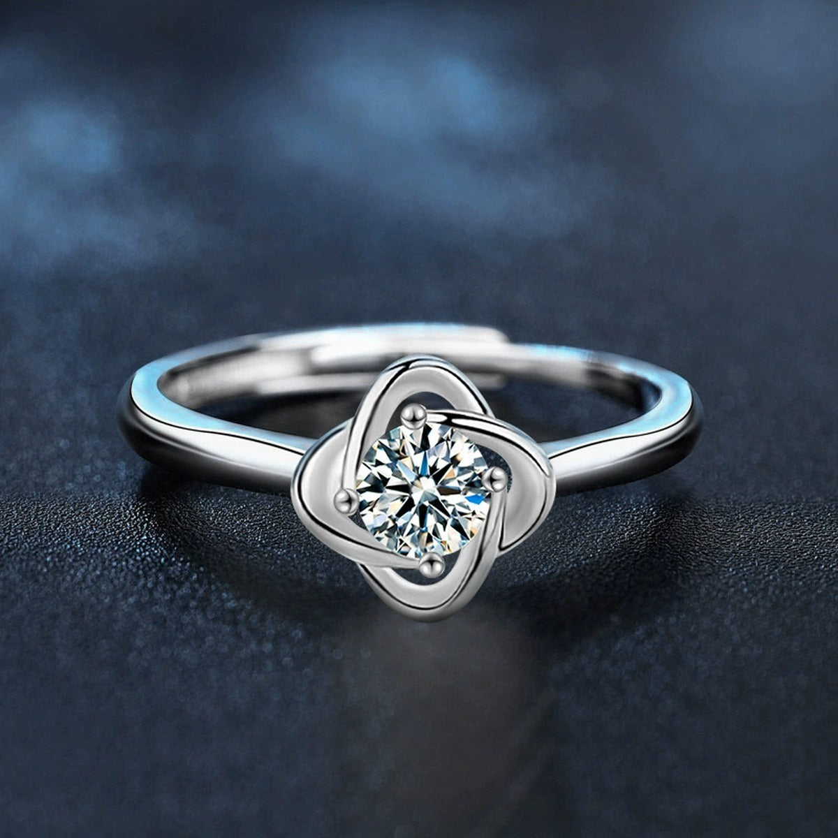 Four-Leaf Clover Round Moissanite Adjustable Fashion Ring close-up detail view with moissanite sparkle