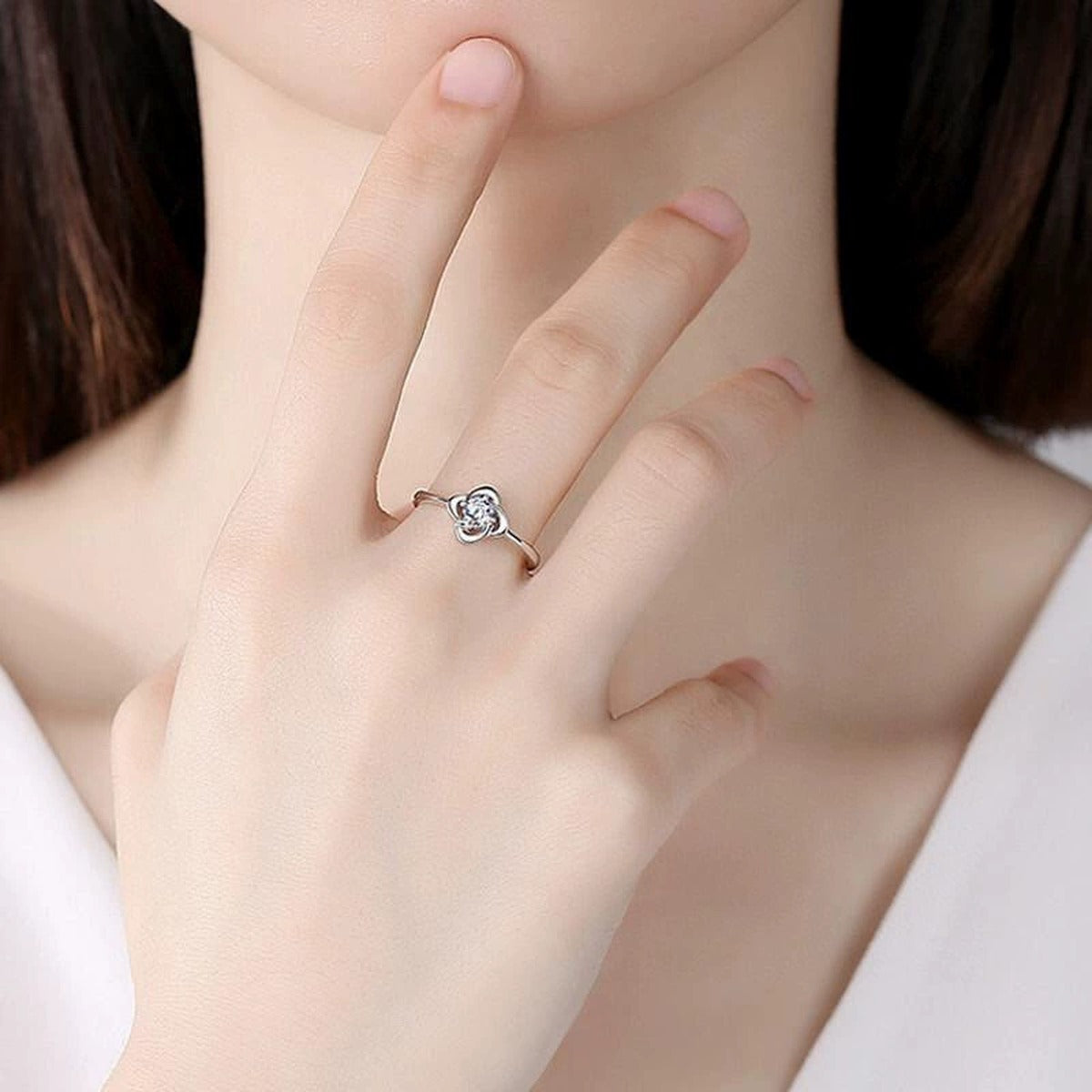 Four-Leaf Clover Round Moissanite Adjustable Fashion Ring worn on hand to show scale, band width, and ring profile