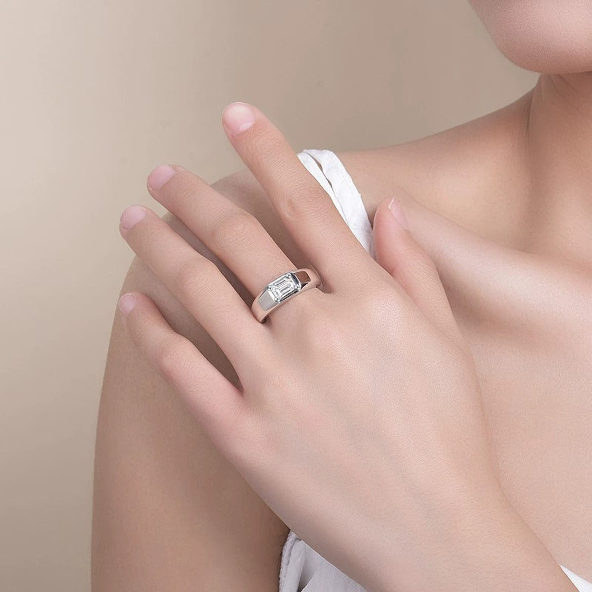 Step-Cut Moissanite Men's Wedding Ring worn on hand to show scale, band width, and ring profile