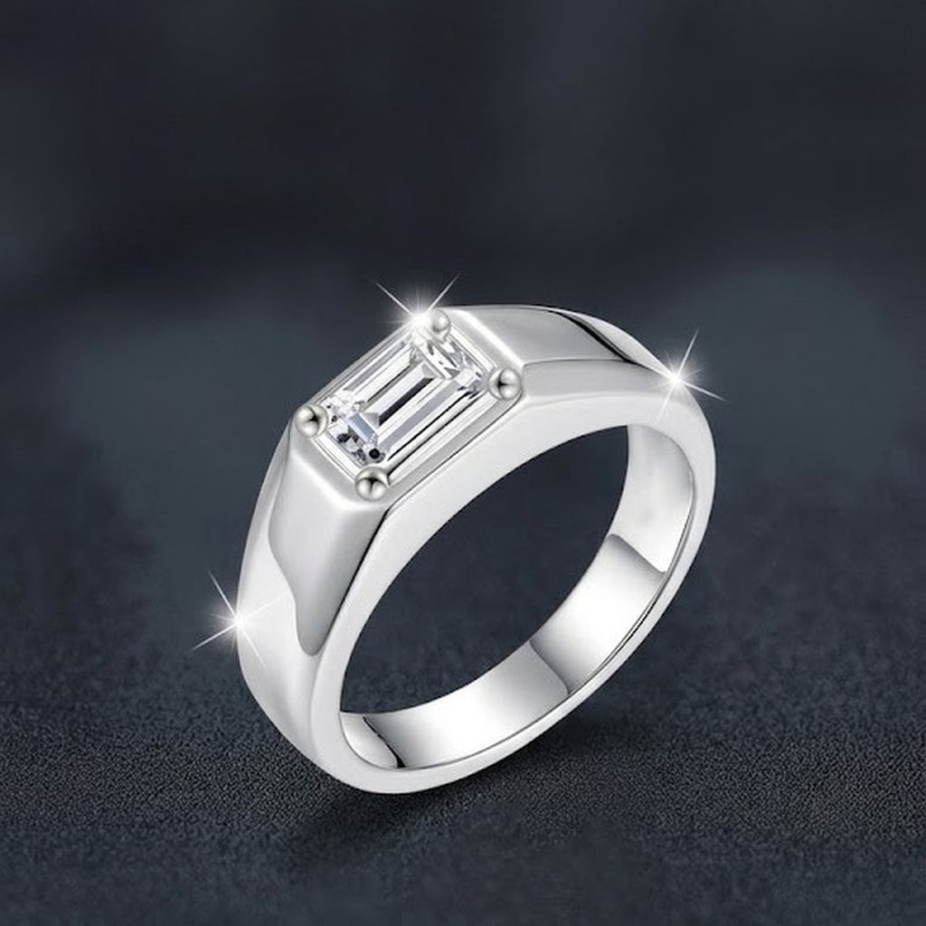Step-Cut Moissanite Men's Wedding Ring close-up detail view with moissanite sparkle