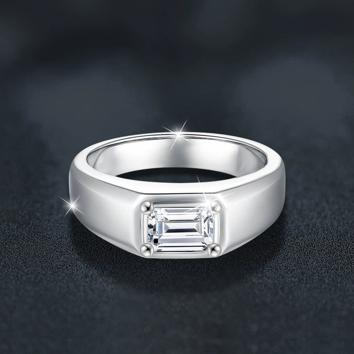 Step-Cut Moissanite Men's Wedding Ring close-up detail view with moissanite sparkle