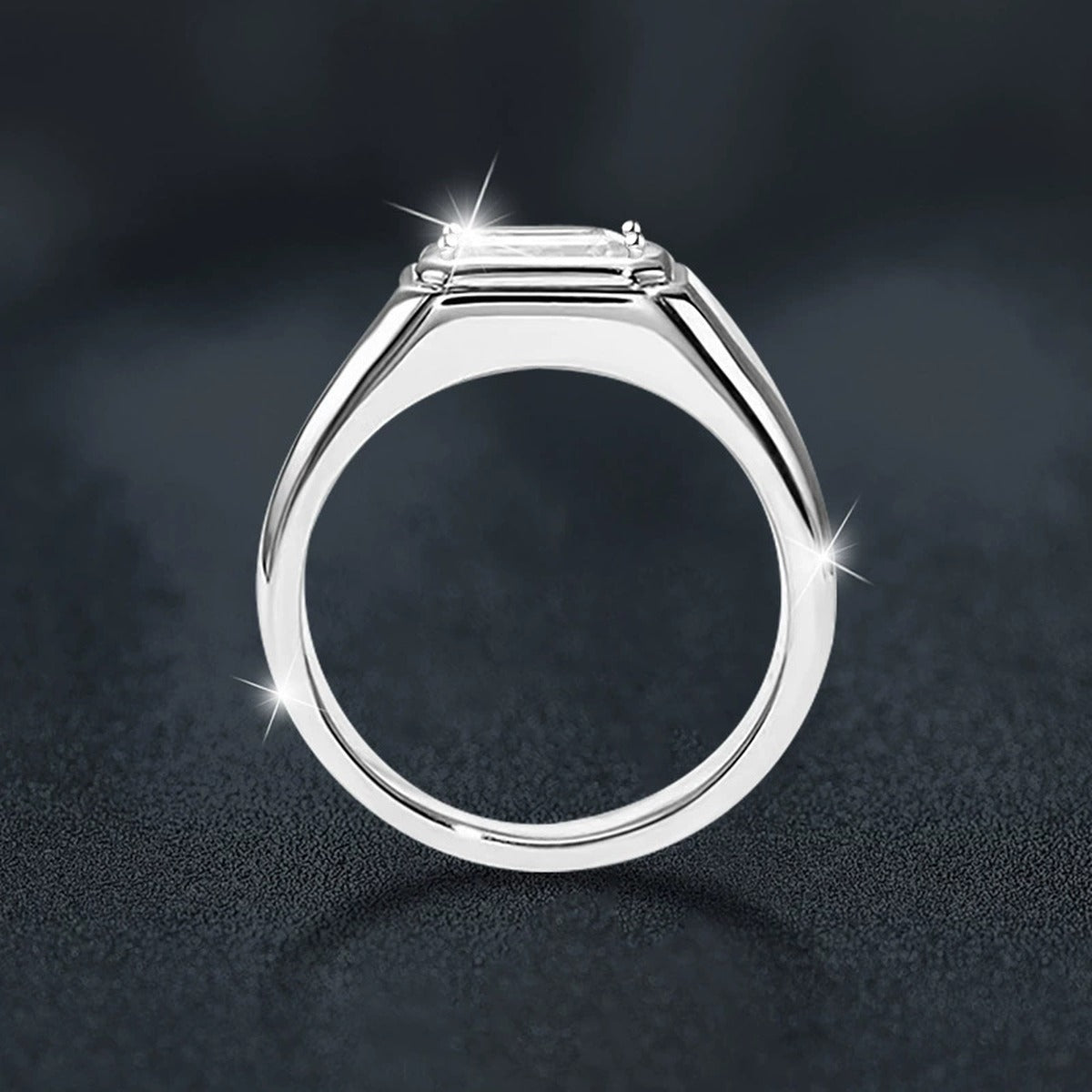 Step-Cut Moissanite Men's Wedding Ring close-up detail view with moissanite sparkle
