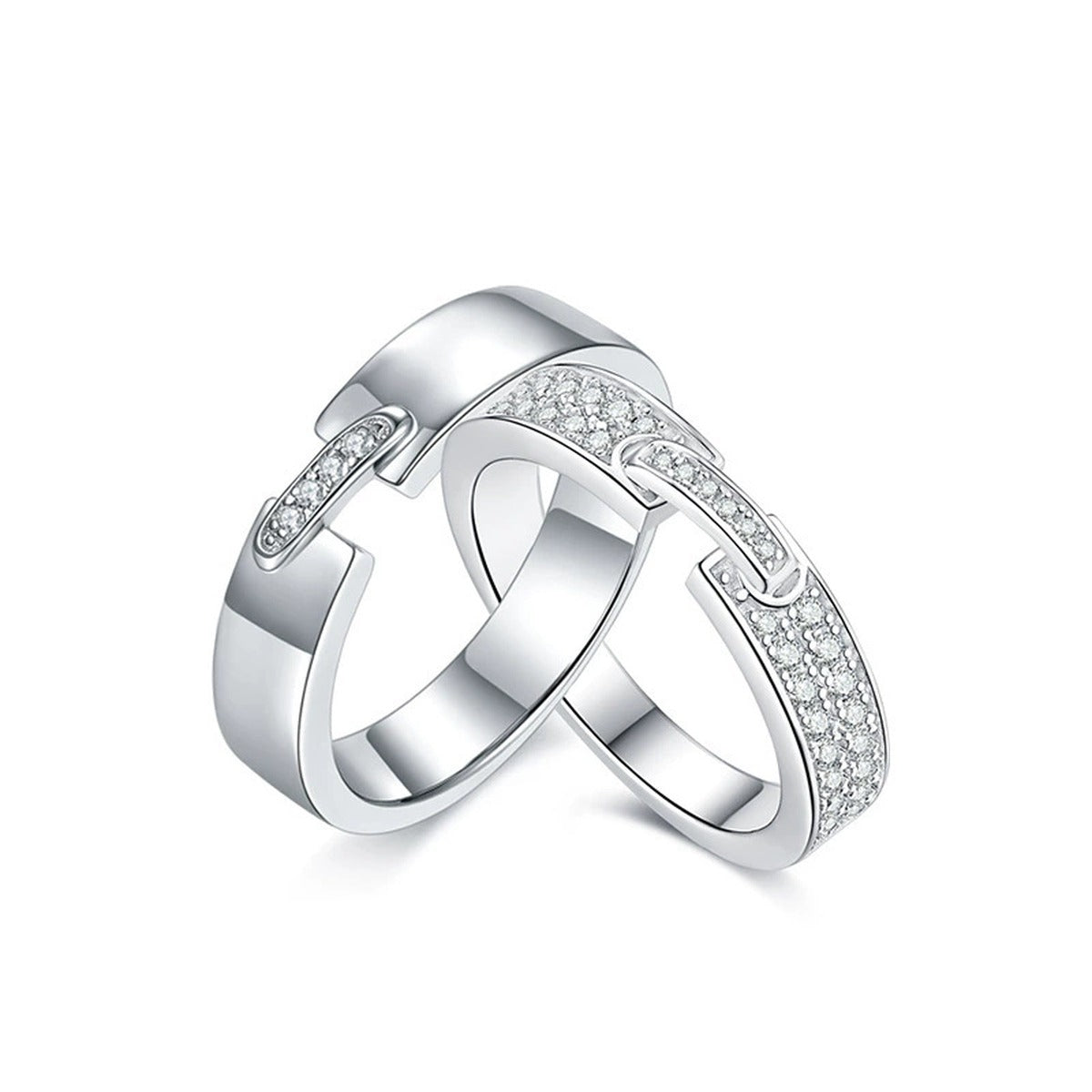 Modern Couples Moissanite Wedding Bands in white gold-plated S925 sterling silver on clean white background