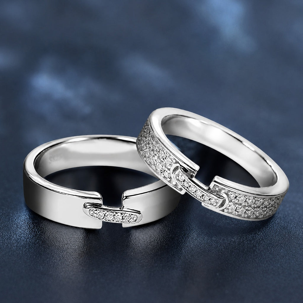 Modern Couples Moissanite Wedding Bands close-up detail view with moissanite sparkle