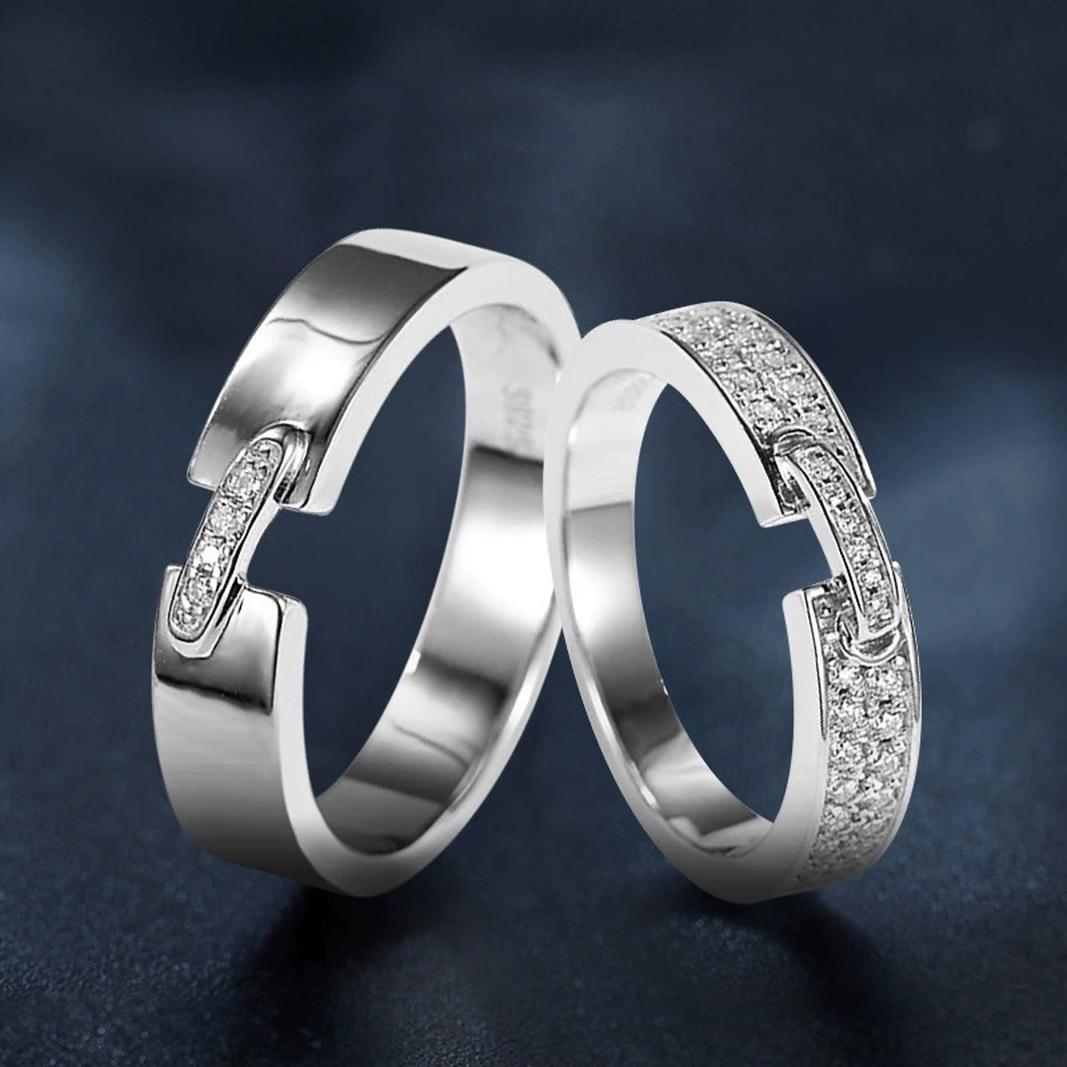 Modern Couples Moissanite Wedding Bands close-up detail view with moissanite sparkle