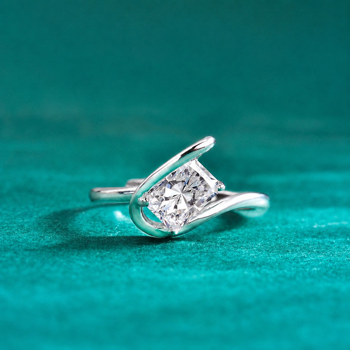 Radiant Cut Moissanite Adjustable Solitaire Ring close-up detail view with moissanite sparkle