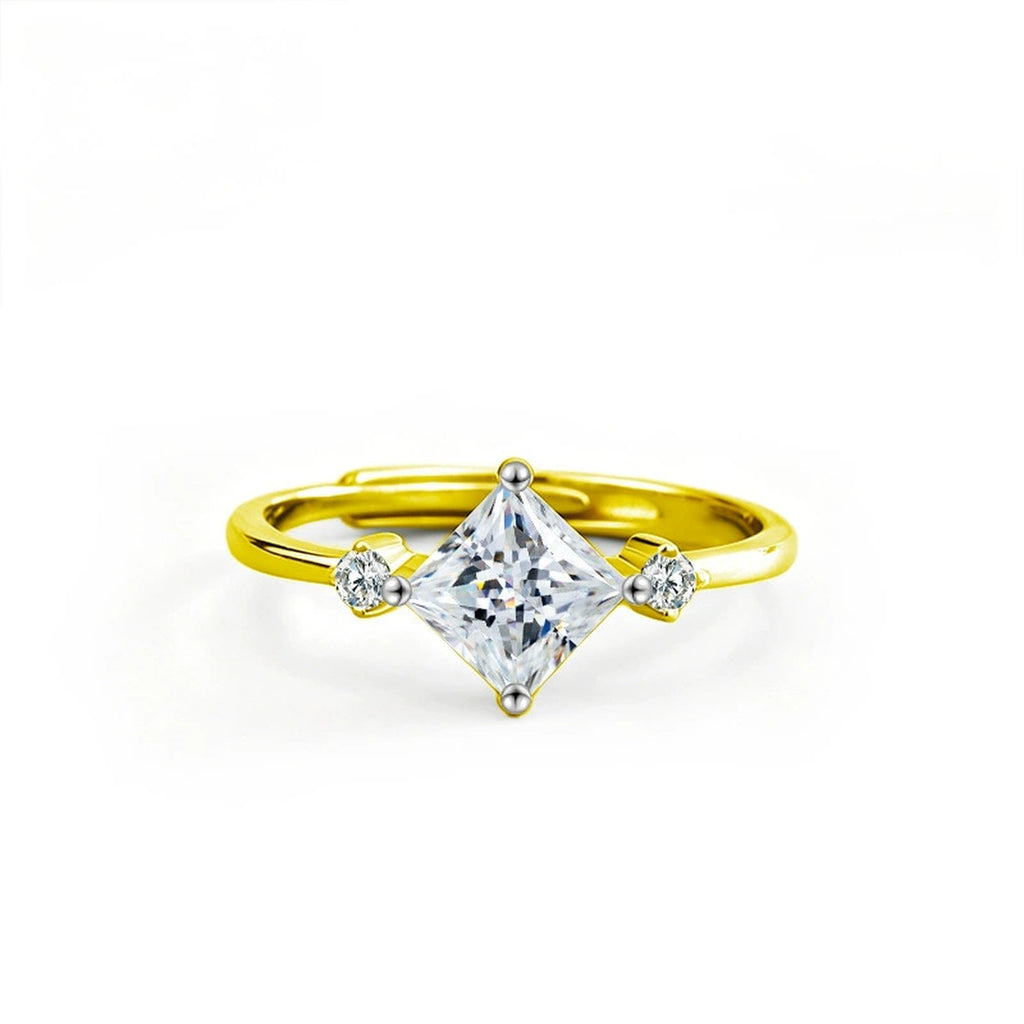 Princess Cut Moissanite Adjustable Engagement Ring with CZ in gold-plated S925 sterling silver on clean white background