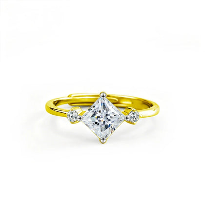Princess Cut Moissanite Adjustable Engagement Ring with CZ in gold-plated S925 sterling silver on clean white background