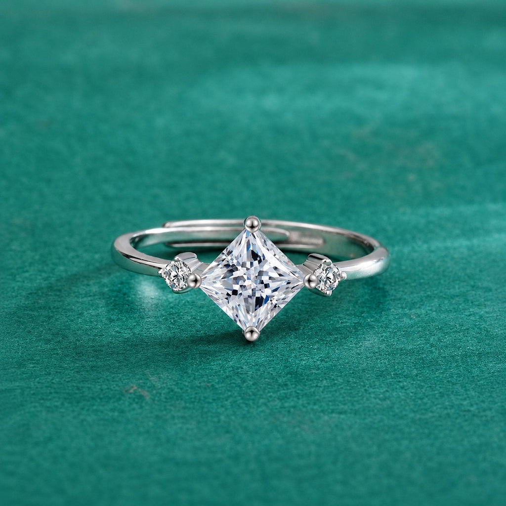 Princess Cut Moissanite Adjustable Engagement Ring with CZ product view showing moissanite setting and metal finish