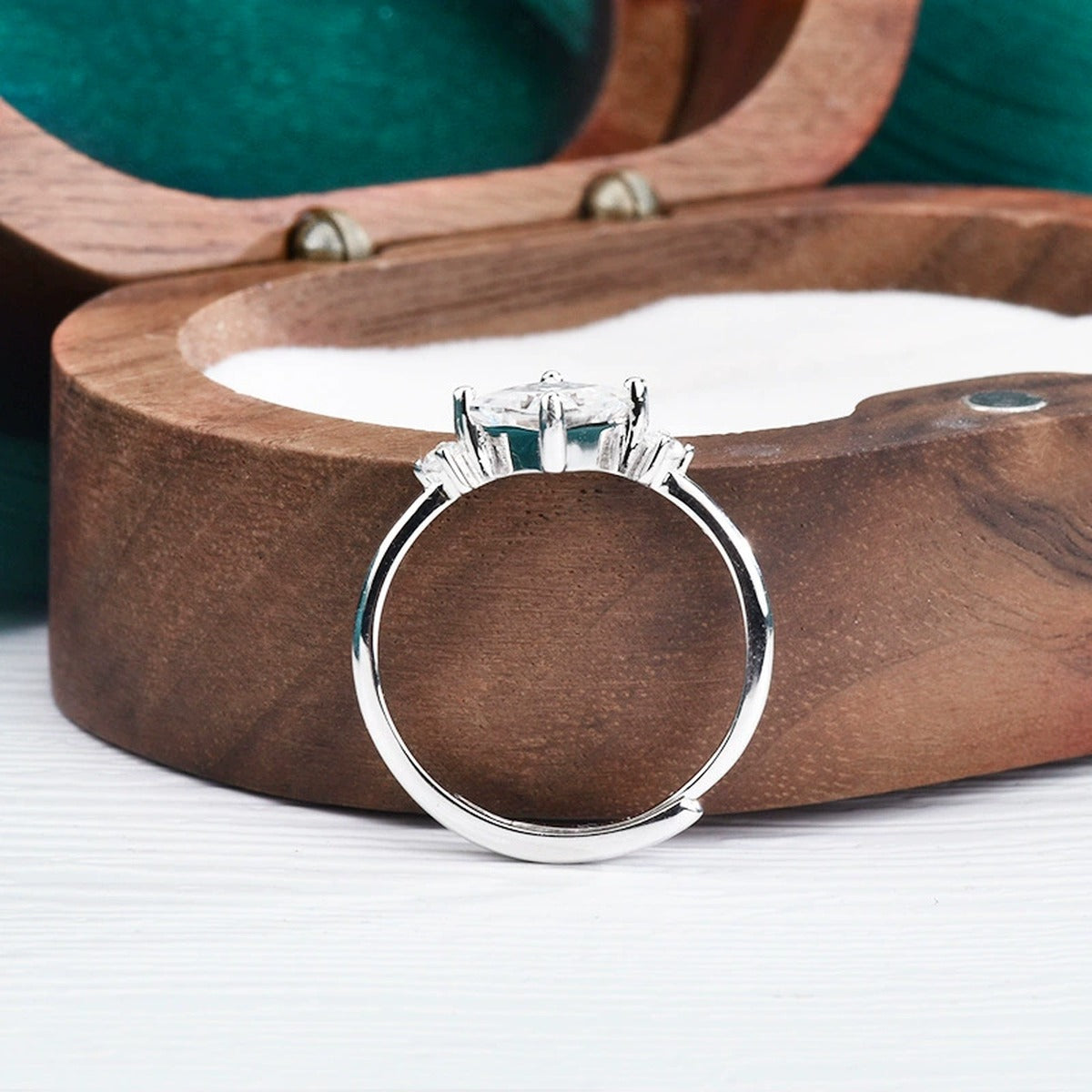 Princess Cut Moissanite Adjustable Engagement Ring with CZ detailed product photo showing ring shape and stone setting