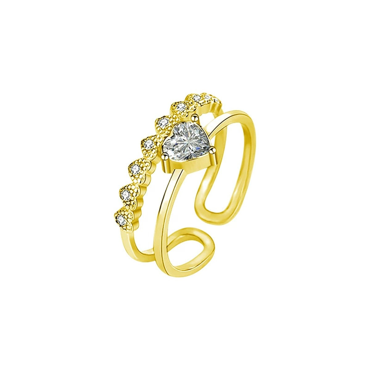 Heart Cut Moissanite Adjustable Fashion Ring with CZ in gold-plated S925 sterling silver on clean white background