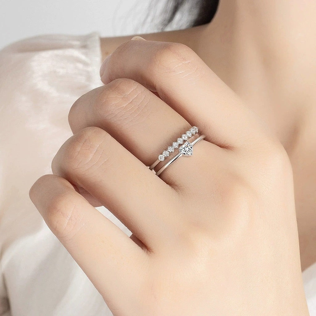 Heart Cut Moissanite Adjustable Fashion Ring with CZ worn on hand to show scale, band width, and ring profile