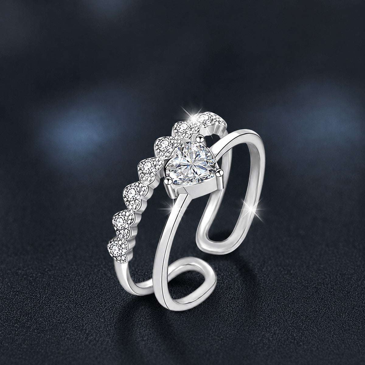 Heart Cut Moissanite Adjustable Fashion Ring with CZ close-up detail view with moissanite sparkle