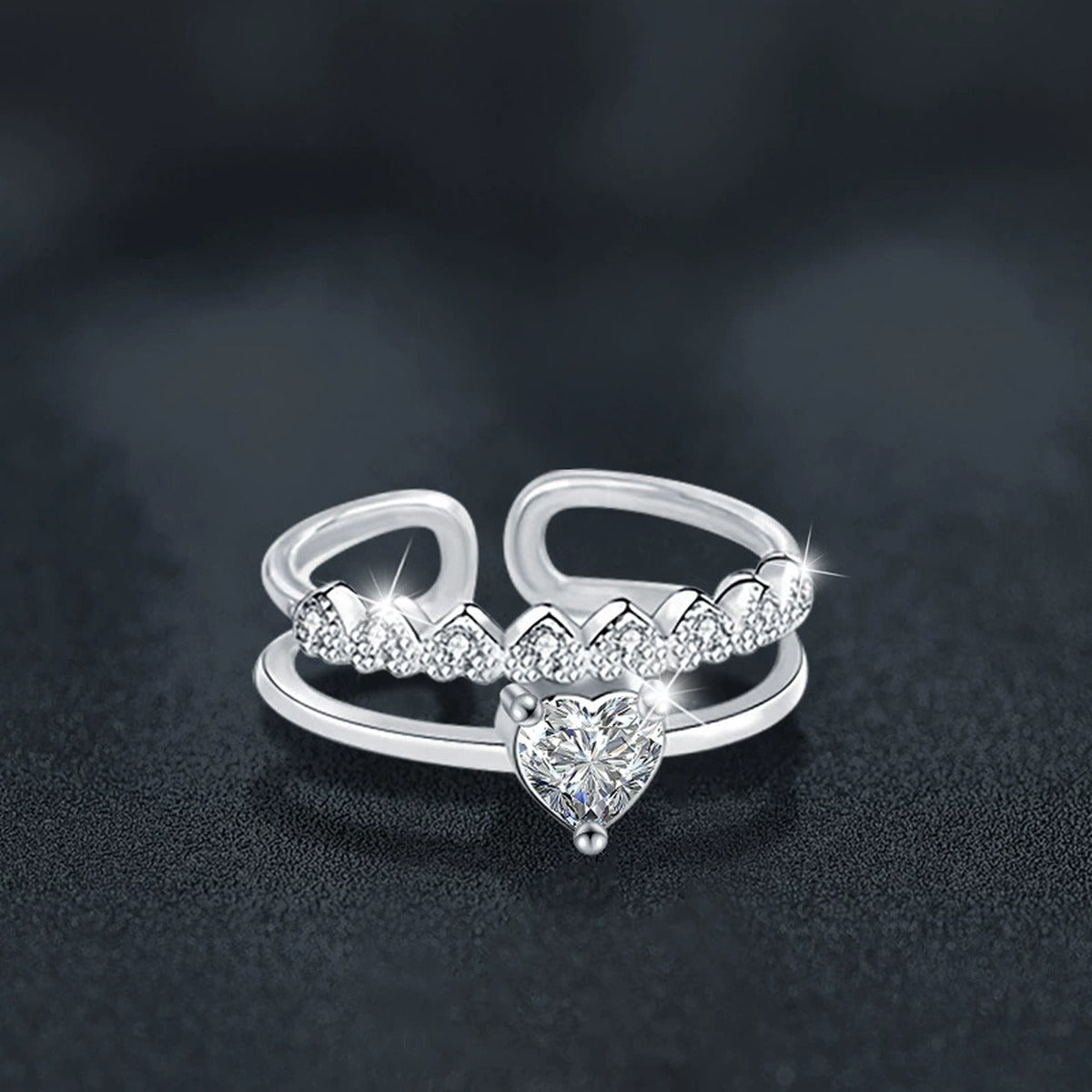 Heart Cut Moissanite Adjustable Fashion Ring with CZ close-up detail view with moissanite sparkle