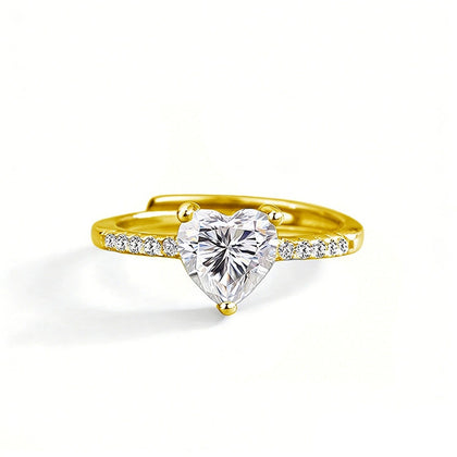 Heart Cut Moissanite Adjustable Engagement Ring with CZ in gold-plated S925 sterling silver on clean white background
