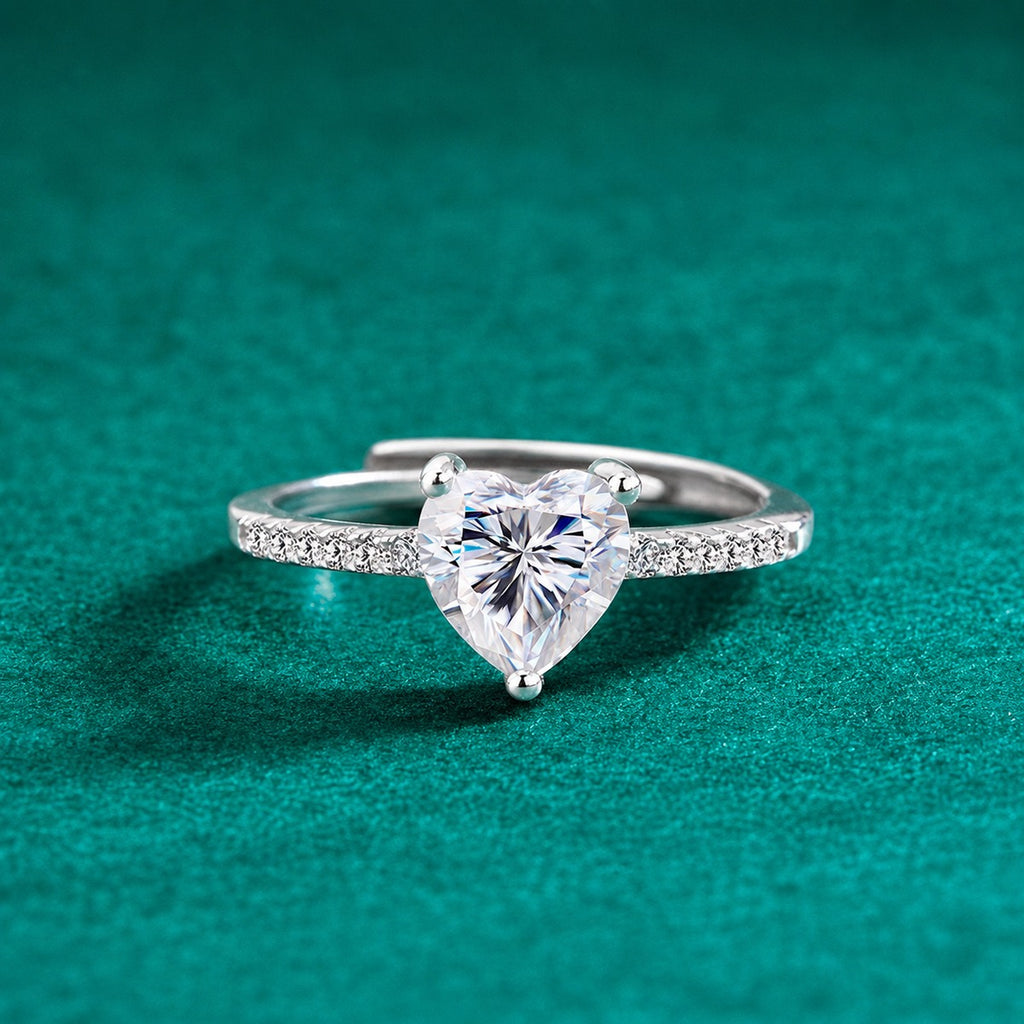 Heart Cut Moissanite Adjustable Engagement Ring with CZ product view showing moissanite setting and metal finish