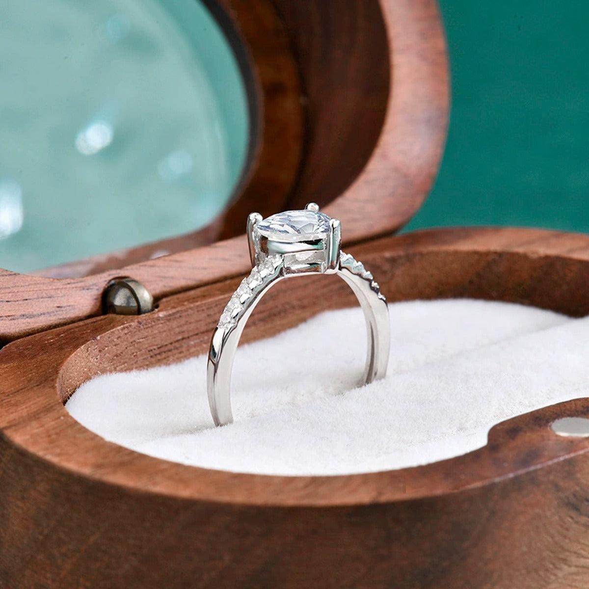 Heart Cut Moissanite Adjustable Engagement Ring with CZ detailed product photo showing ring shape and stone setting