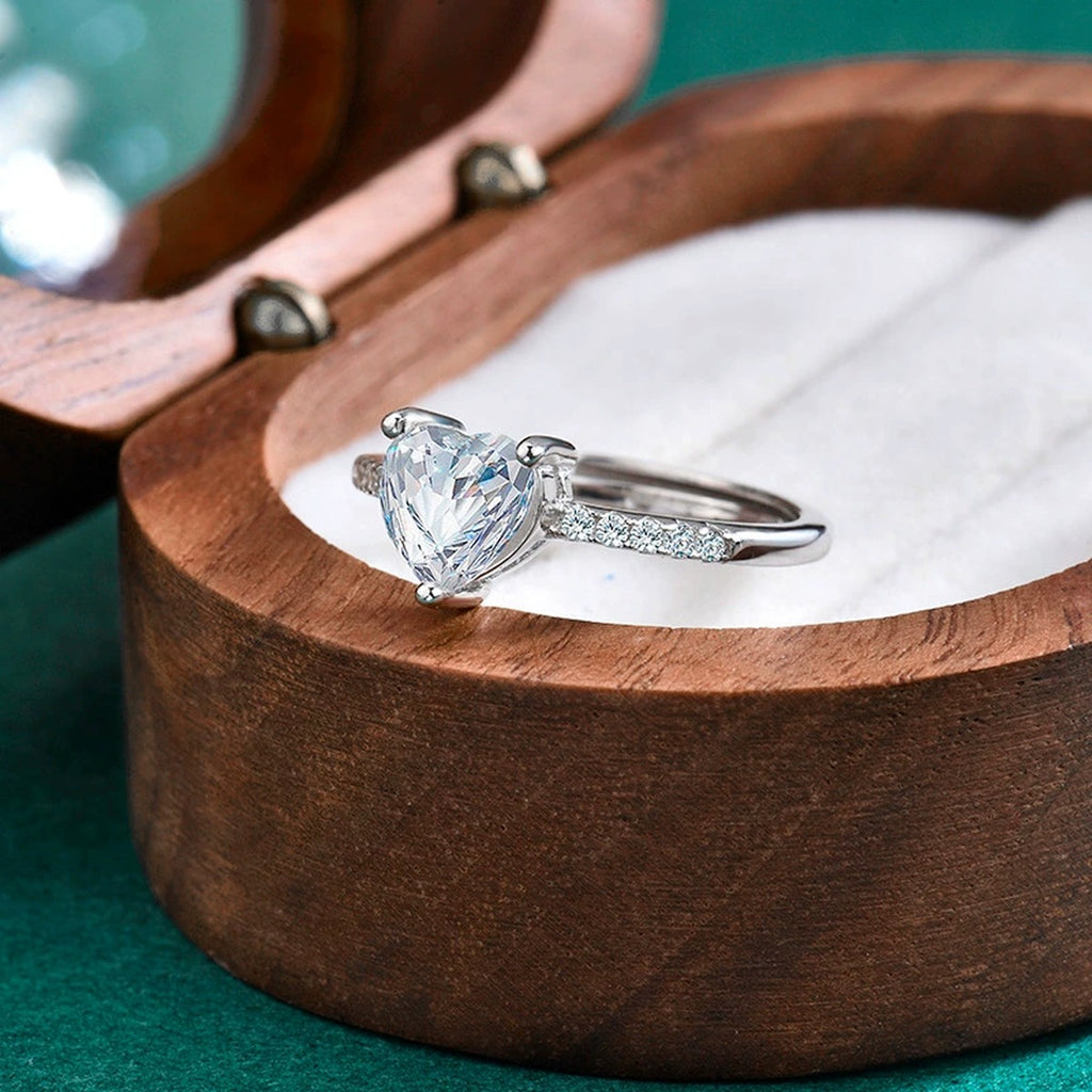 Heart Cut Moissanite Adjustable Engagement Ring with CZ detailed product photo showing ring shape and stone setting