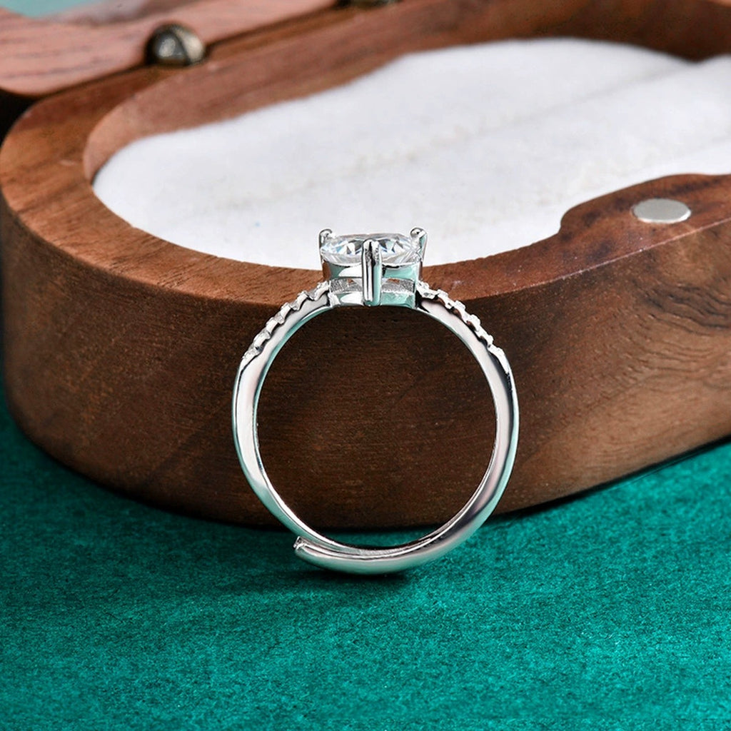 Heart Cut Moissanite Adjustable Engagement Ring with CZ detailed product photo showing ring shape and stone setting