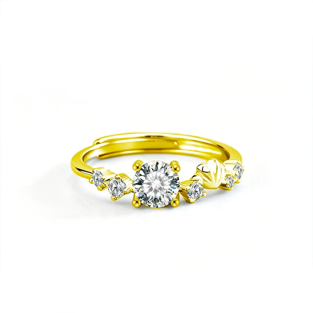 Seashell Round Moissanite Adjustable Ring with CZ in gold-plated S925 sterling silver on clean white background