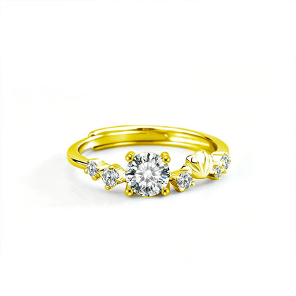 Seashell Round Moissanite Adjustable Ring with CZ in gold-plated S925 sterling silver on clean white background
