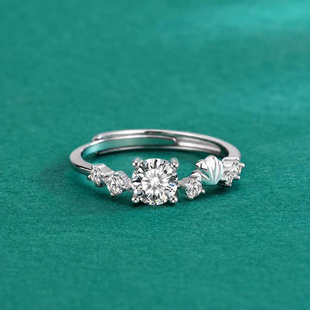 Seashell Round Moissanite Adjustable Ring with CZ product view showing moissanite setting and metal finish