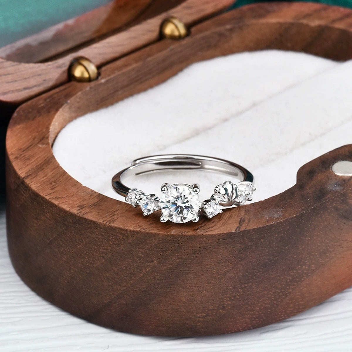 Seashell Round Moissanite Adjustable Ring with CZ detailed product photo showing ring shape and stone setting