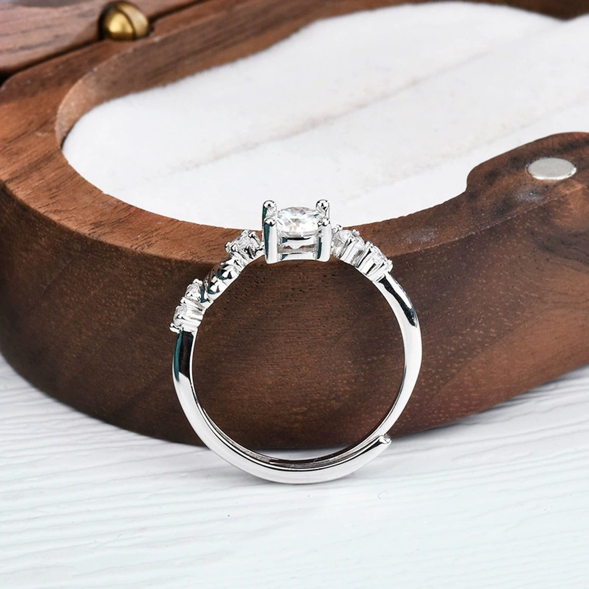 Seashell Round Moissanite Adjustable Ring with CZ detailed product photo showing ring shape and stone setting