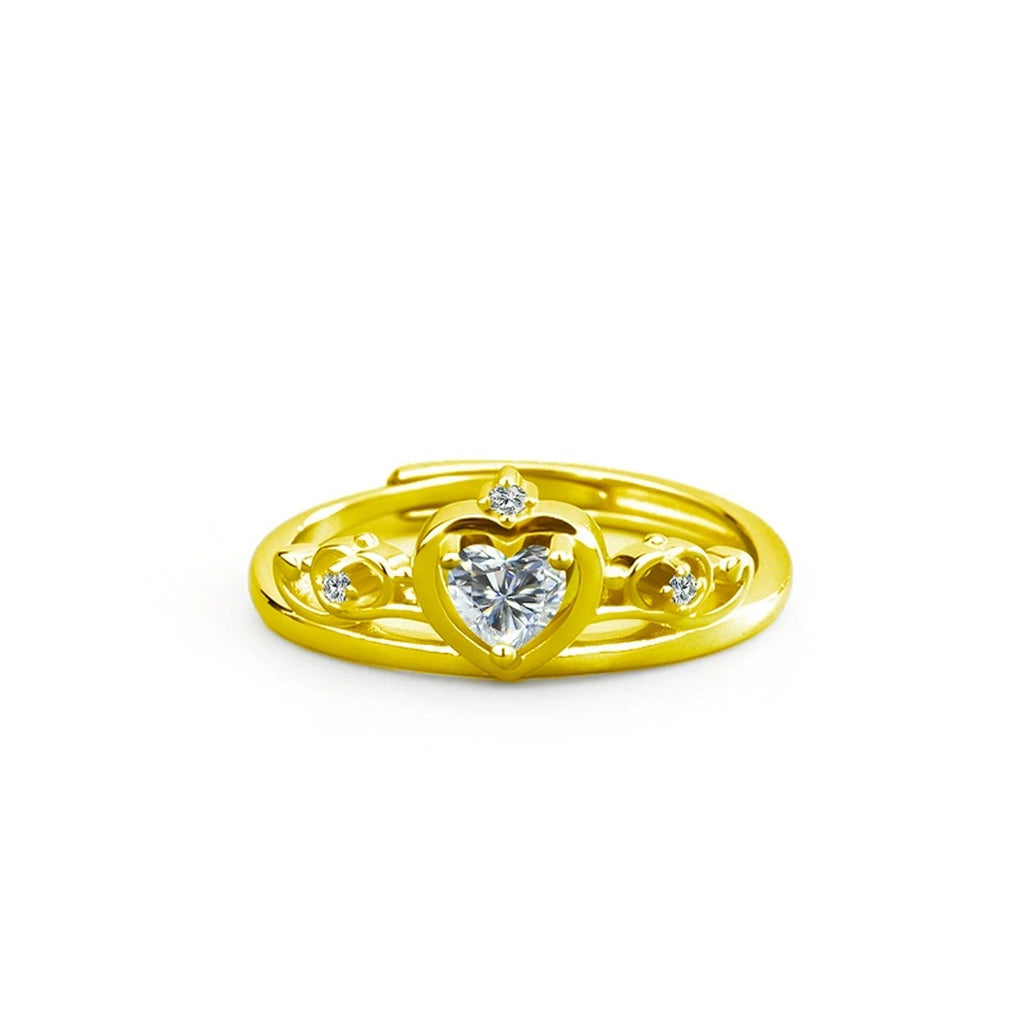 Crown Heart Cut Moissanite Adjustable Ring with CZ in gold-plated S925 sterling silver on clean white background