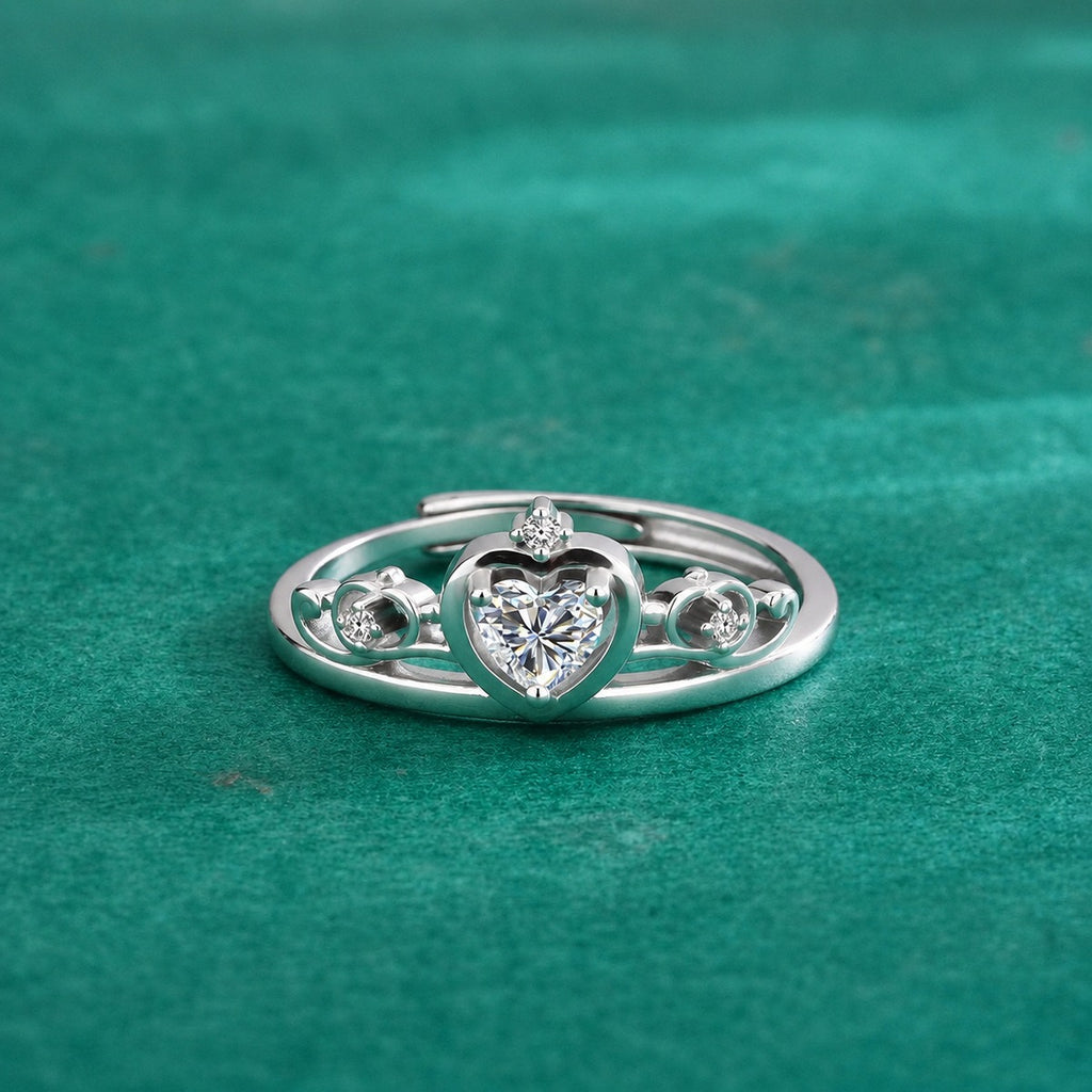 Crown Heart Cut Moissanite Adjustable Ring with CZ product view showing moissanite setting and metal finish