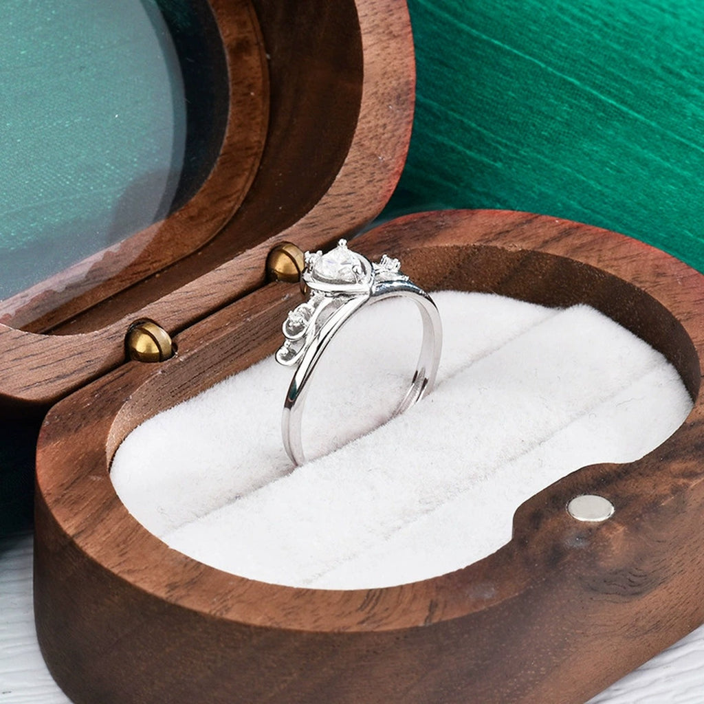 Crown Heart Cut Moissanite Adjustable Ring with CZ detailed product photo showing ring shape and stone setting