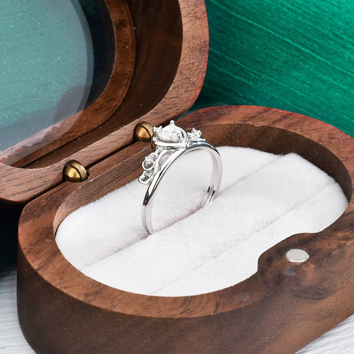 Crown Heart Cut Moissanite Adjustable Ring with CZ detailed product photo showing ring shape and stone setting