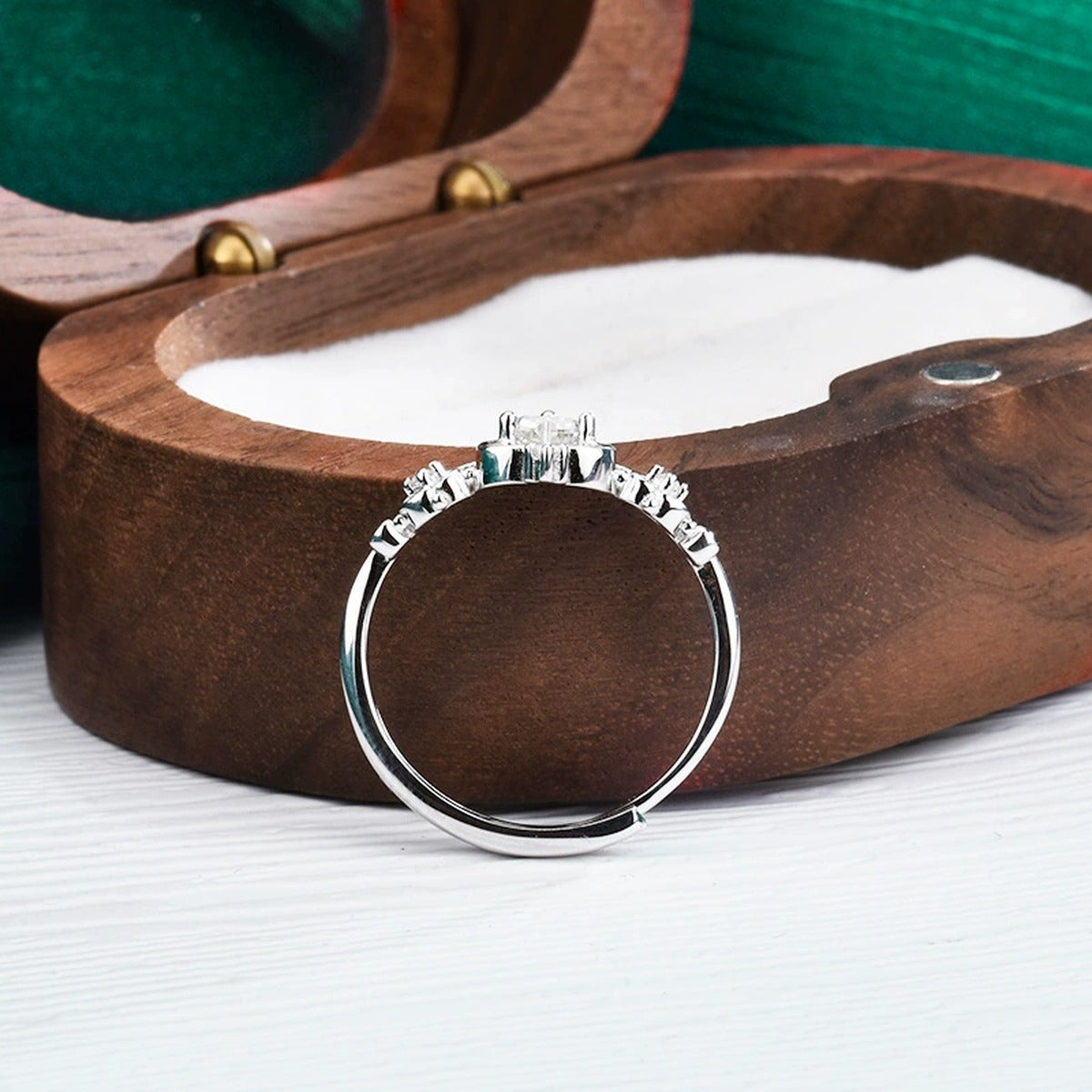 Crown Heart Cut Moissanite Adjustable Ring with CZ detailed product photo showing ring shape and stone setting