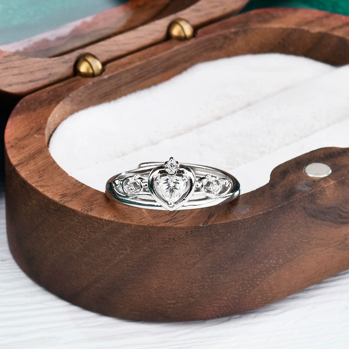 Crown Heart Cut Moissanite Adjustable Ring with CZ detailed product photo showing ring shape and stone setting