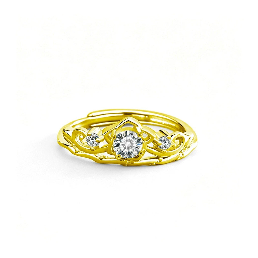 Crown Round Moissanite Adjustable Ring with CZ in gold-plated S925 sterling silver on clean white background