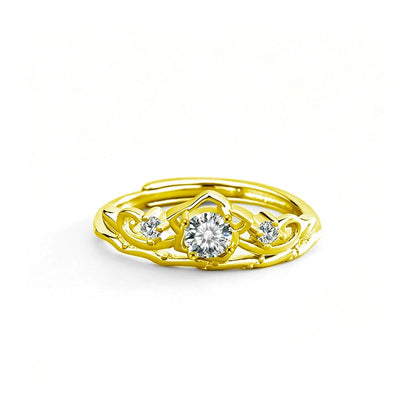 Crown Round Moissanite Adjustable Ring with CZ in gold-plated S925 sterling silver on clean white background