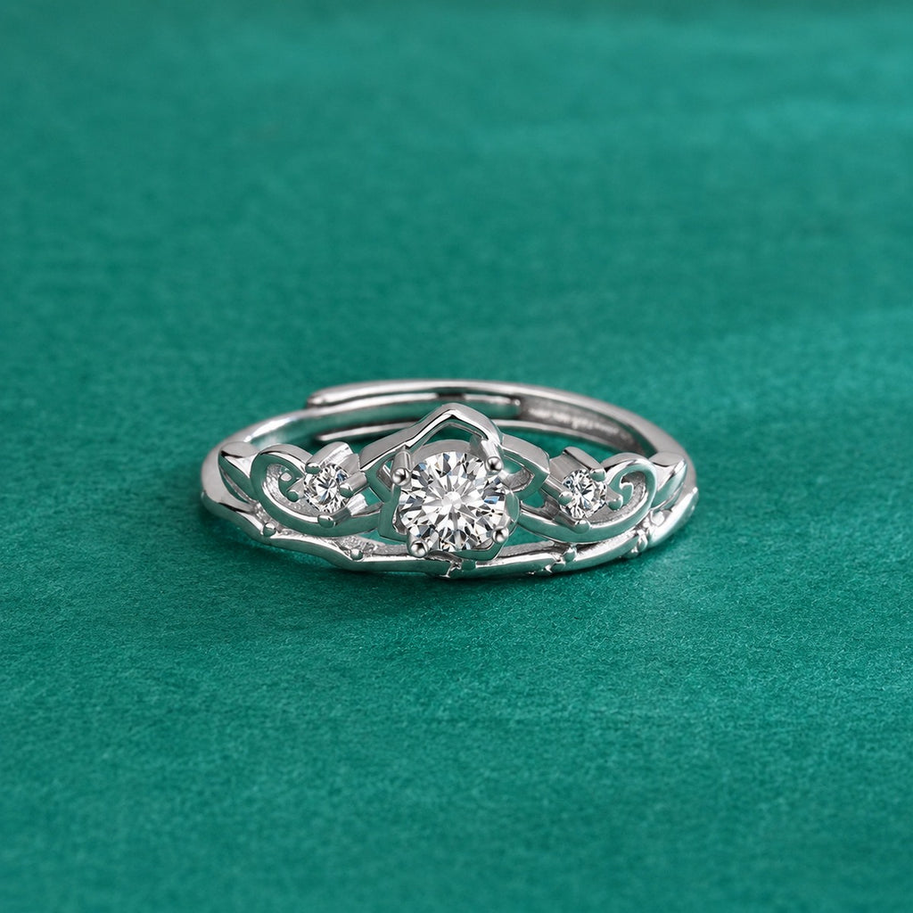 Crown Round Moissanite Adjustable Ring with CZ product view showing moissanite setting and metal finish