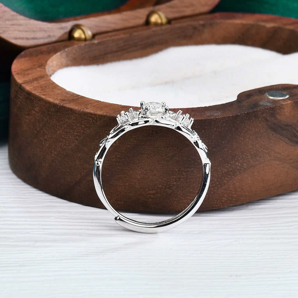 Crown Round Moissanite Adjustable Ring with CZ detailed product photo showing ring shape and stone setting