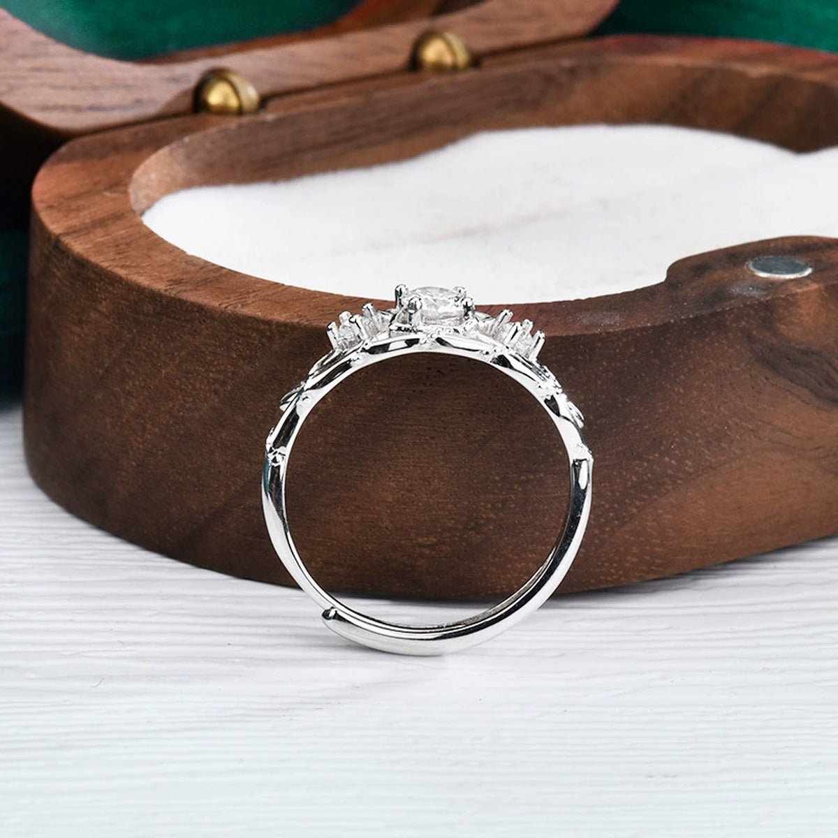 Crown Round Moissanite Adjustable Ring with CZ detailed product photo showing ring shape and stone setting